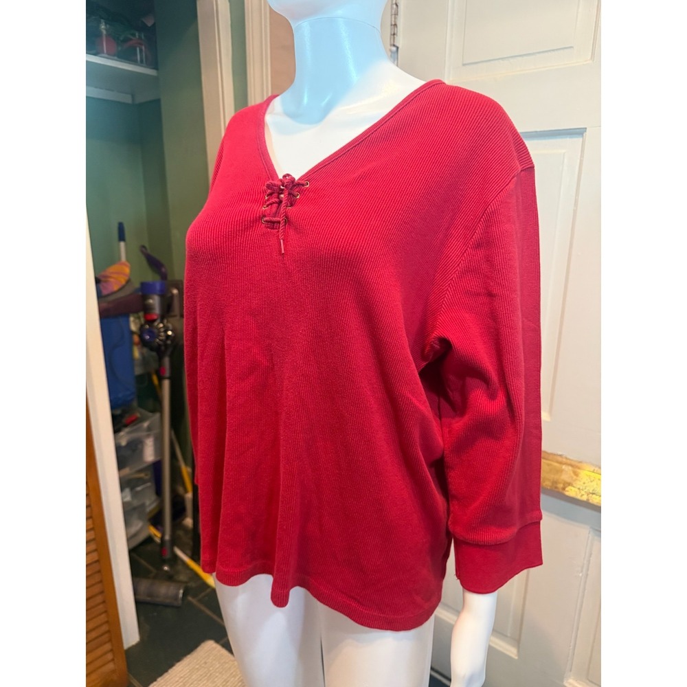 Lauren Ralph Lauren Red Laced V Neck Cotton Tunic Sweater Holiday Pullover 2X